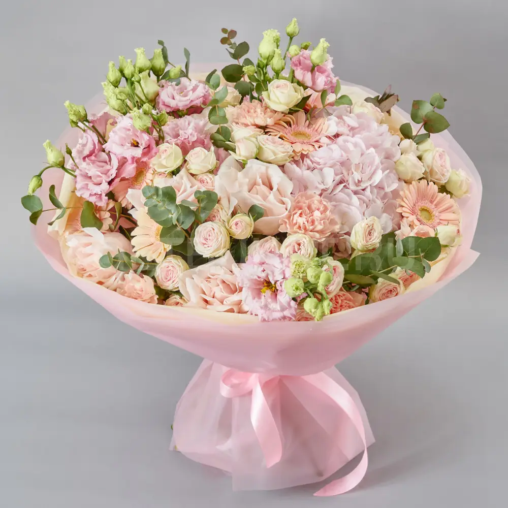 219441 Букет из роз, гвоздик и розовой гортензии с эустомой